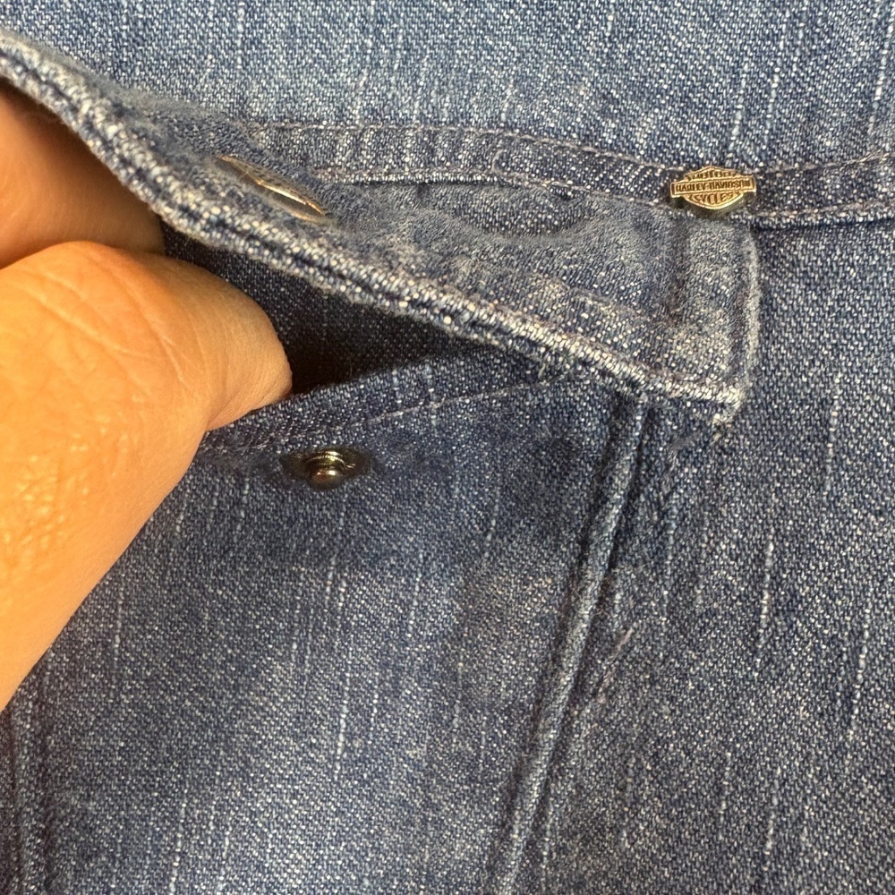 Harley Davidson Denim Long Sleeve Button Down Shirt w/ Silver Shimmer Embroidery - Picture 8 of 11